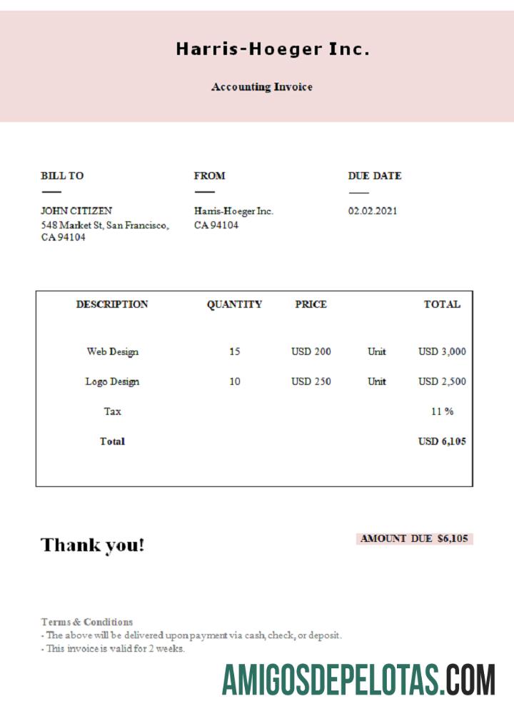 Fatura da Harris Hoeger Inc. dos EUA exemplo real